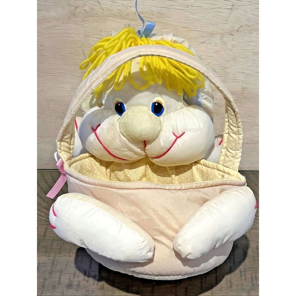 EASTER BUNNY BASKET Rabbit Plush Vintage 1980s Decor Puffalump Stuffie